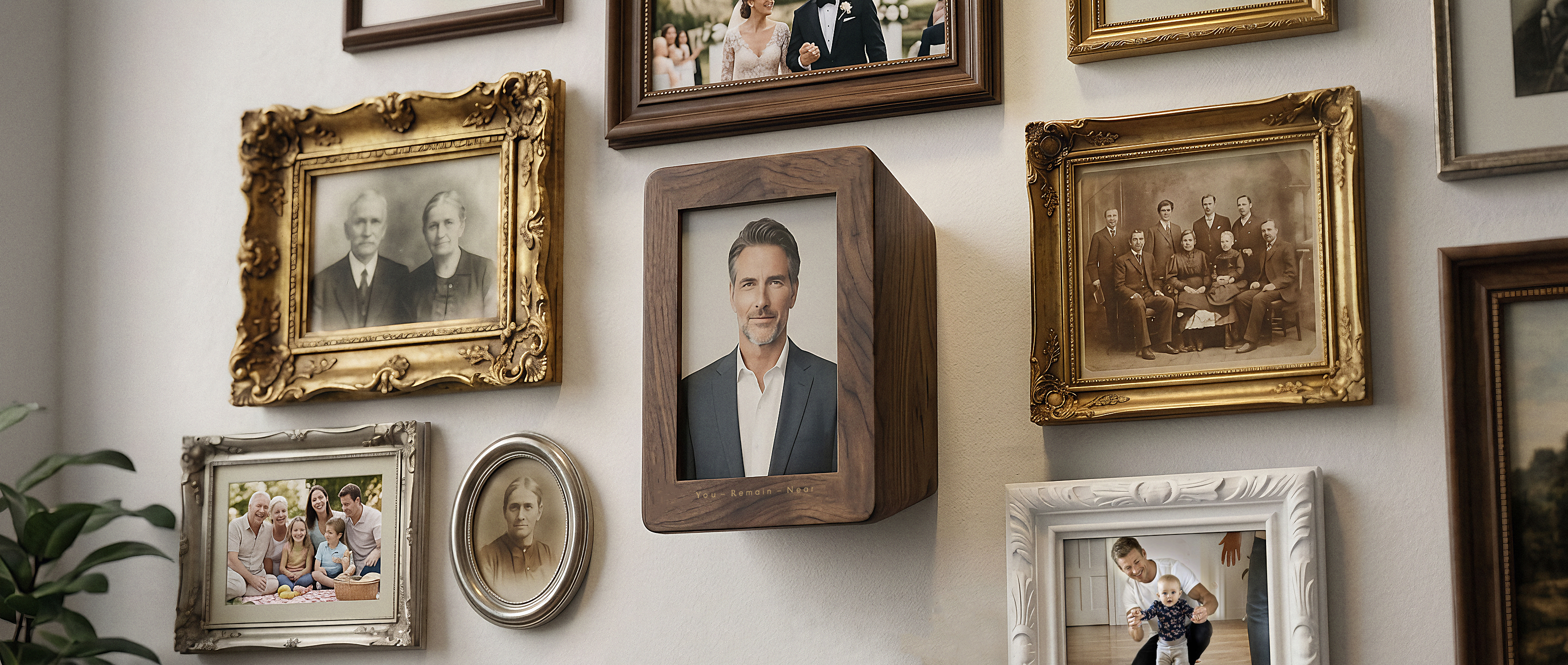 U-R-N as a wall mounted urn among family frames